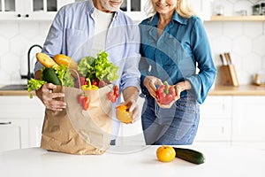 Smiling elderly couple unpacking bag of groceries in modern kitchen