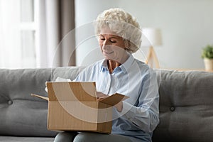 Smiling elderly woman customer receive post shipment parcel at home photo