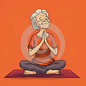 Smiling elderly woman in a yoga pose with hands in namaste