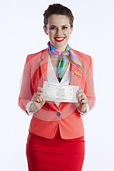 smiling elegant air hostess woman on white