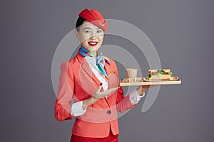 smiling elegant asian female air hostess isolated on grey