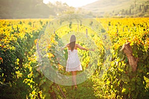 Smiling elegant woman in nature.Joy and happiness.Serene female in wine grape field in sunset.Wine growing field.Agricultural tour photo