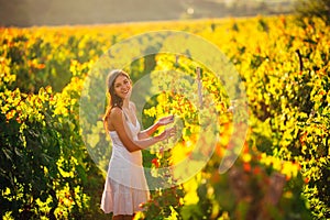 Smiling elegant woman in nature. Joy and happiness. Serene female in wine grape field in sunset. Wine growing field. Agricultural photo