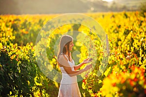 Smiling elegant woman in nature.Joy and happiness.Serene female in wine grape field in sunset.Wine growing field.Agricultural tour