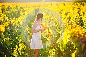 Smiling elegant woman in nature.Joy and happiness.Serene female in wine grape field in sunset.Wine growing field.Agricultural tour