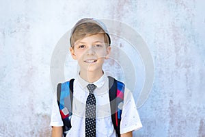 Smiling elementary school boy with backpack