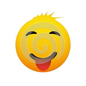 Smiling Emoji with Blowsy Hair and Stuck Out Tongue - Simple Shiny Happy Emoticon on White Background