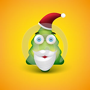 Smiling Emoji - Simple Christmas Tree Shaped Emoticon with Beard and Hat on Yellow Background