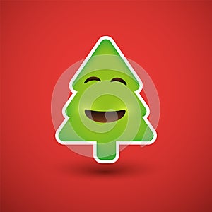 Smiling Emoji - Simple Christmas Tree Shaped Emoticon on Red Background