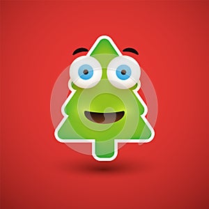 Smiling Emoji - Simple Christmas Tree Shaped Emoticon on Red Background