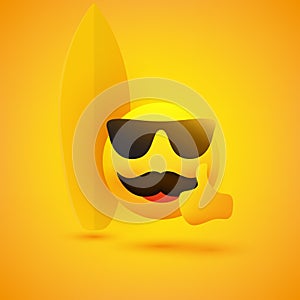 Smiling Emoji - Simple Happy Cheerful Male Surfer Emoticon with Mustache Wearing Sunglasses and Showing Thumbs Up