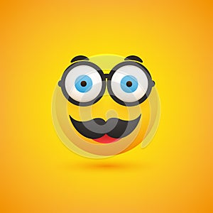 Smiling Emoji - Simple Happy Male Emoticon with Glasses and Mustache on Yellow Background - Vector Design for Web
