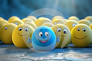 A smiling emoji that stands out in blue color among others. Positive attitude concept.