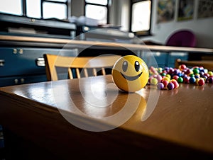 Smiling emoji stress ball on desk