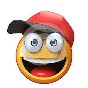 Smiling emoji wearing baseball cap isolated on white background, emoticon with hat 3d rendering