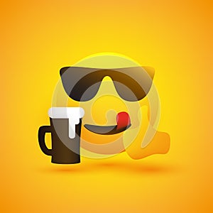 Smiling Emoji Wearing Sunglasses and Showing Thumbs Up - Simple Cheering, Mouth Licking, Happy Emoticon with Beer Mug