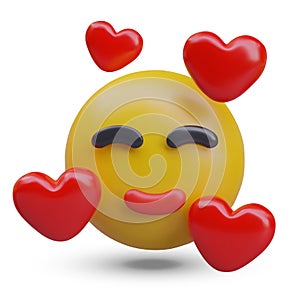 Smiling emoticon with closed eyes and red hearts. Love, infatuation, sympathy