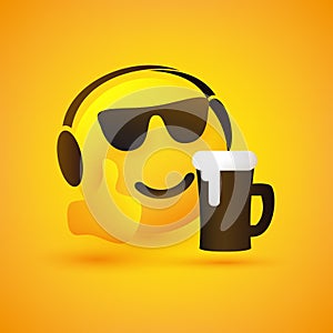 Smiling Emoticon Listening to Music - Face Wearing Sunglasses, Headphones and Frothy Beer in a Mug on Yellow Background