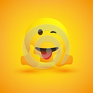 Smiling Emoticon on Yellow Background - Simple Happy Emoticon with Winked Eye and Outstretched Tongue Showing Thumbs Up