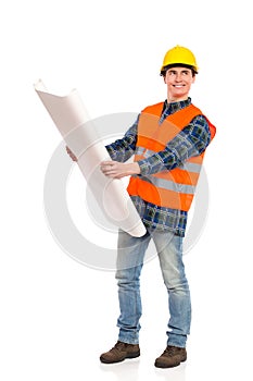 Smiling engineer holding paper project.
