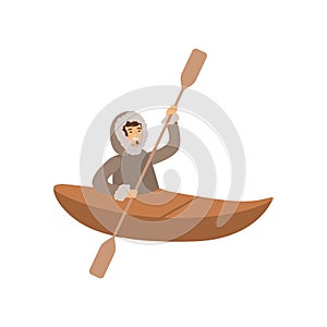 Smiling Eskimo, Inuit, Chukchi man character in traditional costume swimming on boat, northern people, life in the far photo