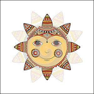 Smiling ethnic sun. Vector illustration, isolated on a white background.