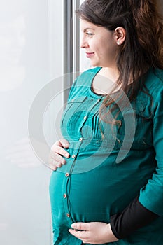 Smiling Expectant Mom Holding Her Budding Baby Bump