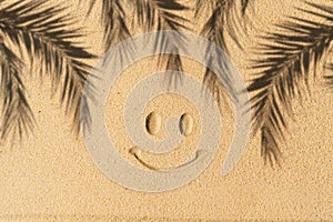 Smiling face between shadow of a palm tree branch on the sand of a sandy tropical beach. Background, copy space, travel, summer