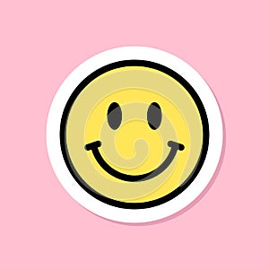 smiling face sticker, yellow symbol with black outline, cute smile sticker on pink background, groovy aesthetic vector design