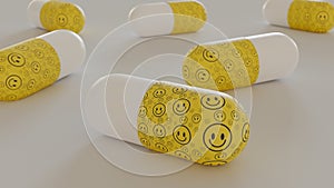 Smiling face textured medicine tablets lying on flat surface. Antidepressant medication concept.