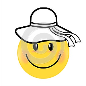 Smiling Face yellow girl. A hat black clour. Happy smiley emoji vector yellow. Vector happy circle face