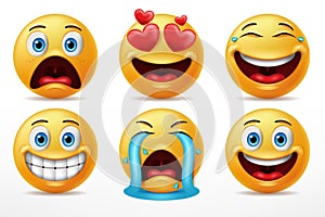 Smiling faces emoticon character set, Facial expressions of cute yellow faces in shocked, in love, laugh, crying and happy express