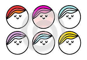 Smiling faces set hand drawn vector logotypes icon in cartoon doodle style vibrant hair