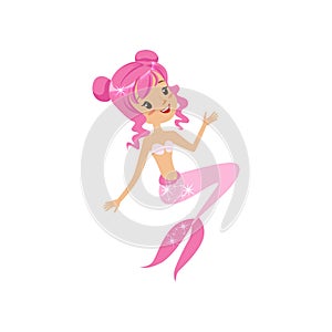 Smiling fantasy mermaid with pink hair and fish tail. Cartoon mythical creature in flat style. Marine life concept