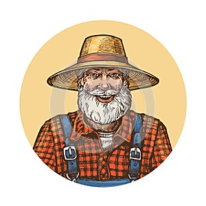 Smiling farmer in straw hat. Gardener or beekeeper vector illustration