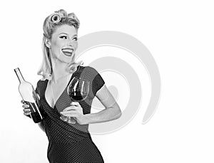 Smiling fashionable pinup girl. Beauty trends. Beauty. Happy girl with glass of wine. Beautiful blonde woman in red