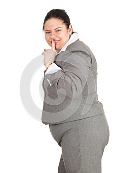 Smiling fat businesswoman keeping silence