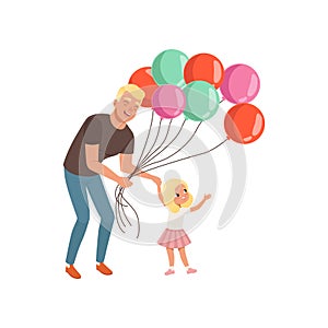 Smiling father and his little daughter with bunch of balloons, loving daddy and kid spending time together, dad and his
