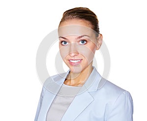 Smiling female business executive isolated against white. Portrait of a smiling pretty business woman isolated against