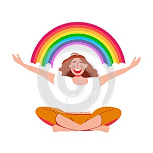 The smiling female character enjoys her freedom and life. Happy woman sits in lotus pose and opens her arms to the rainbow