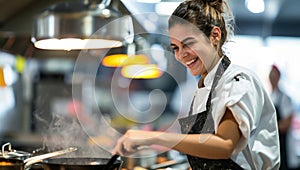 Smiling female chef actively cooking in restaurant kitchen