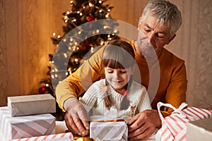 Smiling female child with pigtails spending winter holidays with her grandfather and packing presents for their family, enjoying