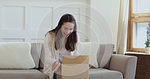 Smiling female client feeling excited of fast shipping service.