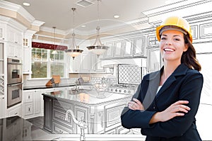 Smiling Female Contractor Over Kitchen Drawing Gradating to Photo