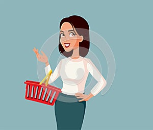 Smiling Female Customer Holding Shopping Basket Vector Cartoon Illustration