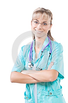 Smiling female doctor with crossed arms lloking at cameraisolat