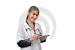 Smiling female doctor dressed in white coat with stethoscope isolated on white background. Healthcare concept