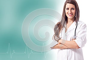 Smiling female doctor with heartbeat frequency