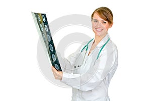 Smiling female doctor holding roentgen
