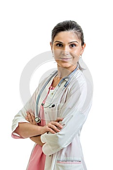 Smiling female doctor isolated on white background